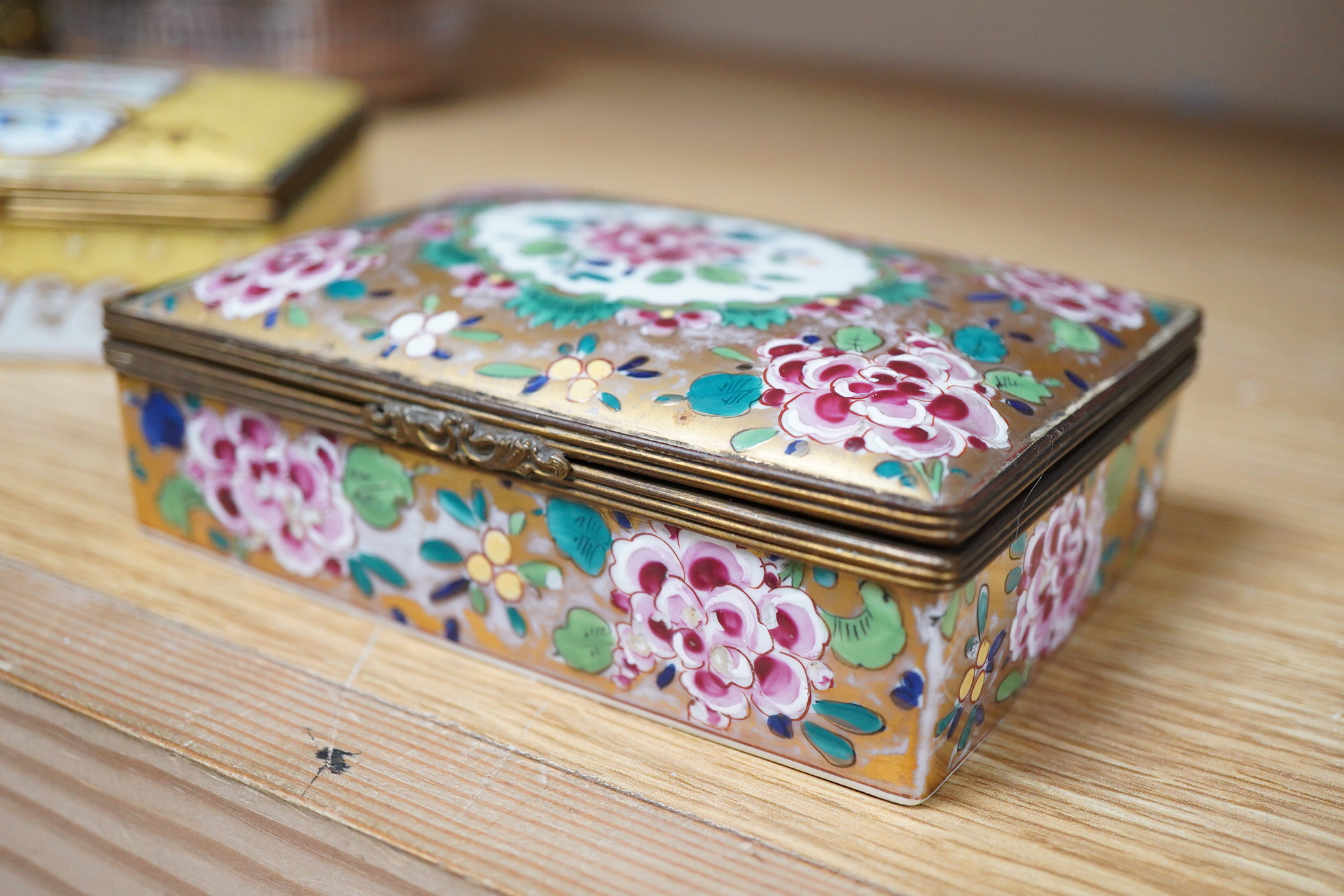 Two rectangular gilt mounted French porcelain trinket boxes, 12cm x8cm